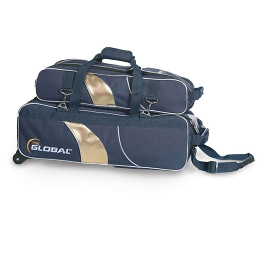 900 Global 3 Ball Airline Tote Roller Bowling Bag w/ Removeable Pouch- Blue/Gold